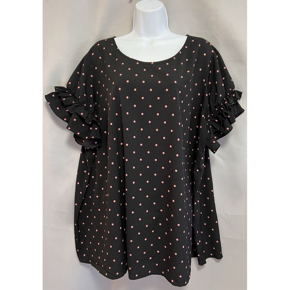 Lane Bryant Women's Plus Size‎ 26 Blouse Top Short Sleeve Black Pink Polka Dot